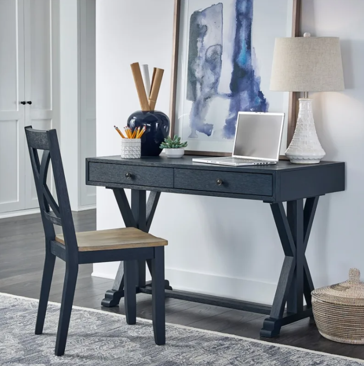 lakeshore 5 piece pedestal table set navy (copy) Lakeshore Navy Writing Desk - Image 1