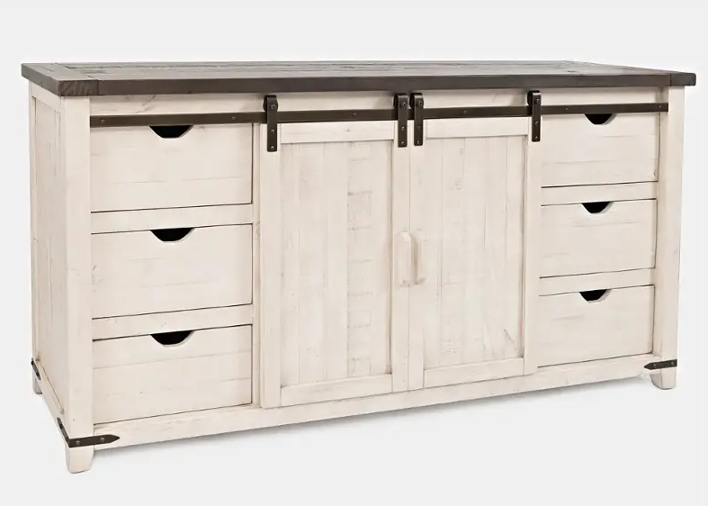 madison county vintage white door dresser (copy) Vintage White 70 Inch Barn Door Server/console With 6 Drawers - Image 1