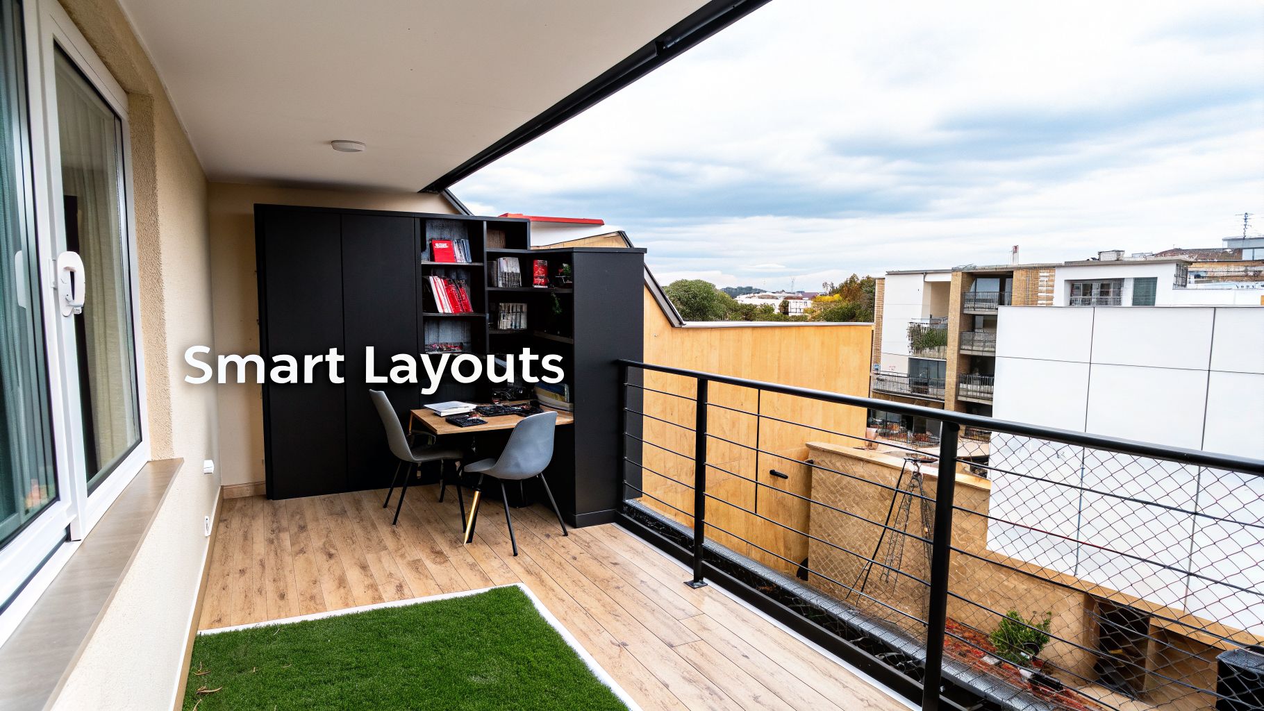 A modern balcony with a compact black desk unit, two chairs, and artificial grass, offering city views.