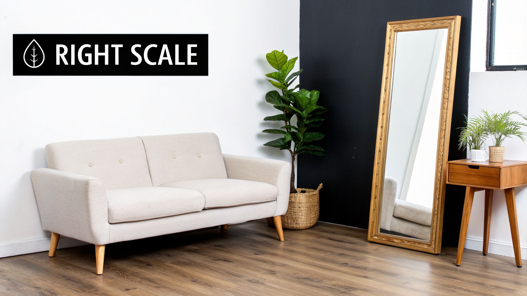 A minimalist living room with a beige two-seater sofa, a tall plant, a gold mirror, and a wooden side table.