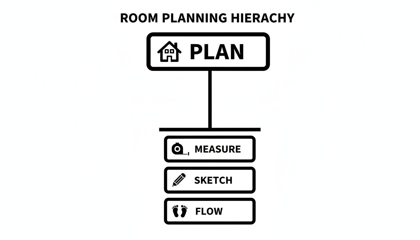 A hierarchical diagram outlining the room planning process: Plan, Measure, Sketch, and Flow steps.