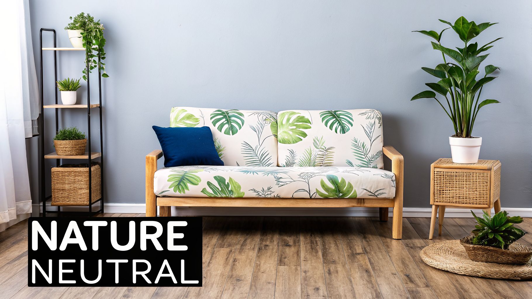 A bright living room with a nature-themed sofa, various potted plants, and a wooden floor, exuding a neutral, calm vibe.