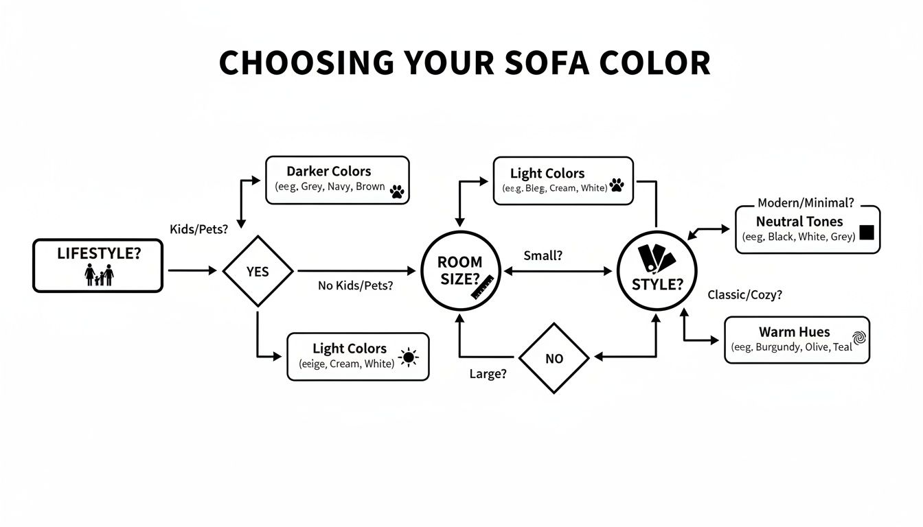 Flowchart illustrating how to choose a sofa color based on lifestyle, room size, and style.