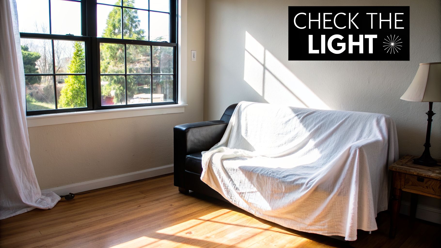 A sunlit living room with a black sofa covered in a white blanket, next to a window.