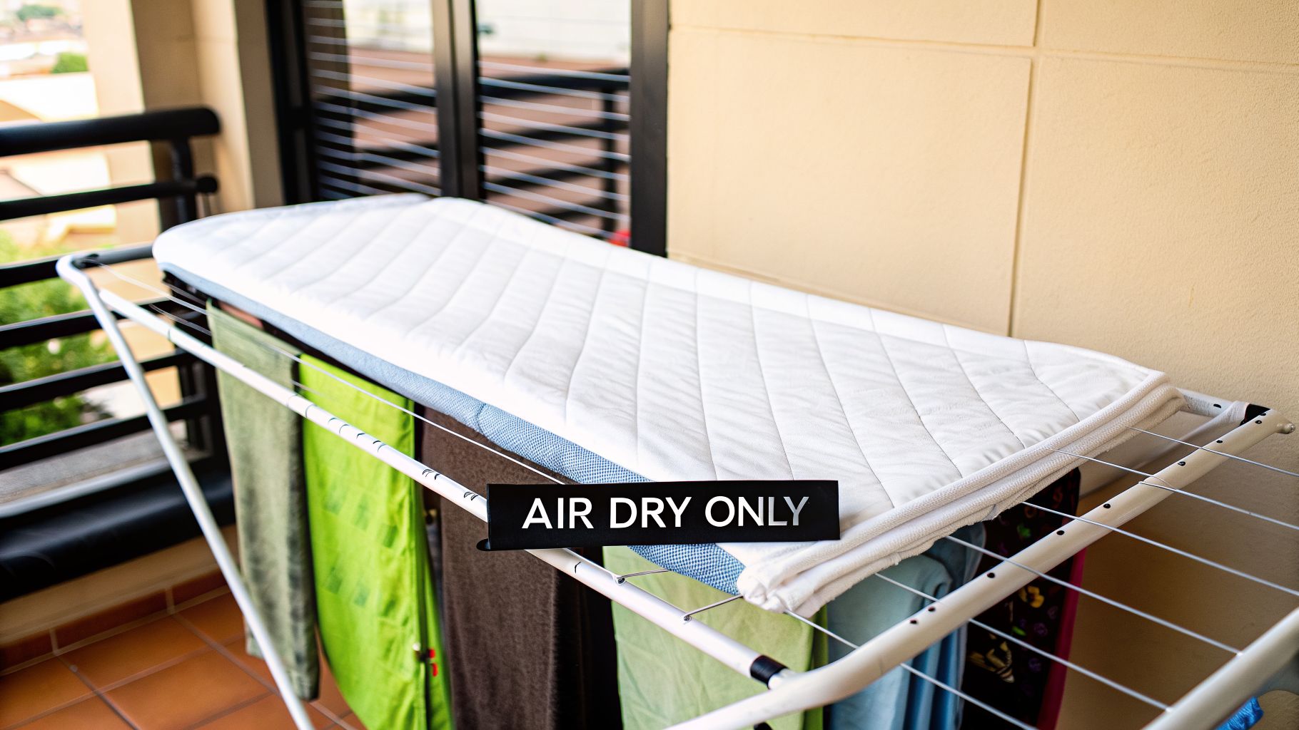 A white quilted mattress cover drying on a clothes drying rack on a balcony.