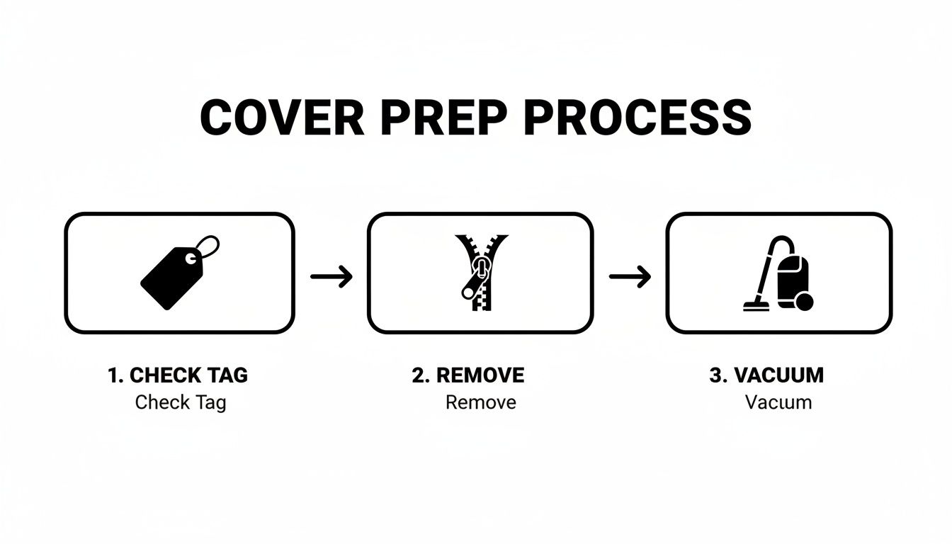 Infographic detailing a three-step cover preparation process: check tag, remove zipper, and vacuum.