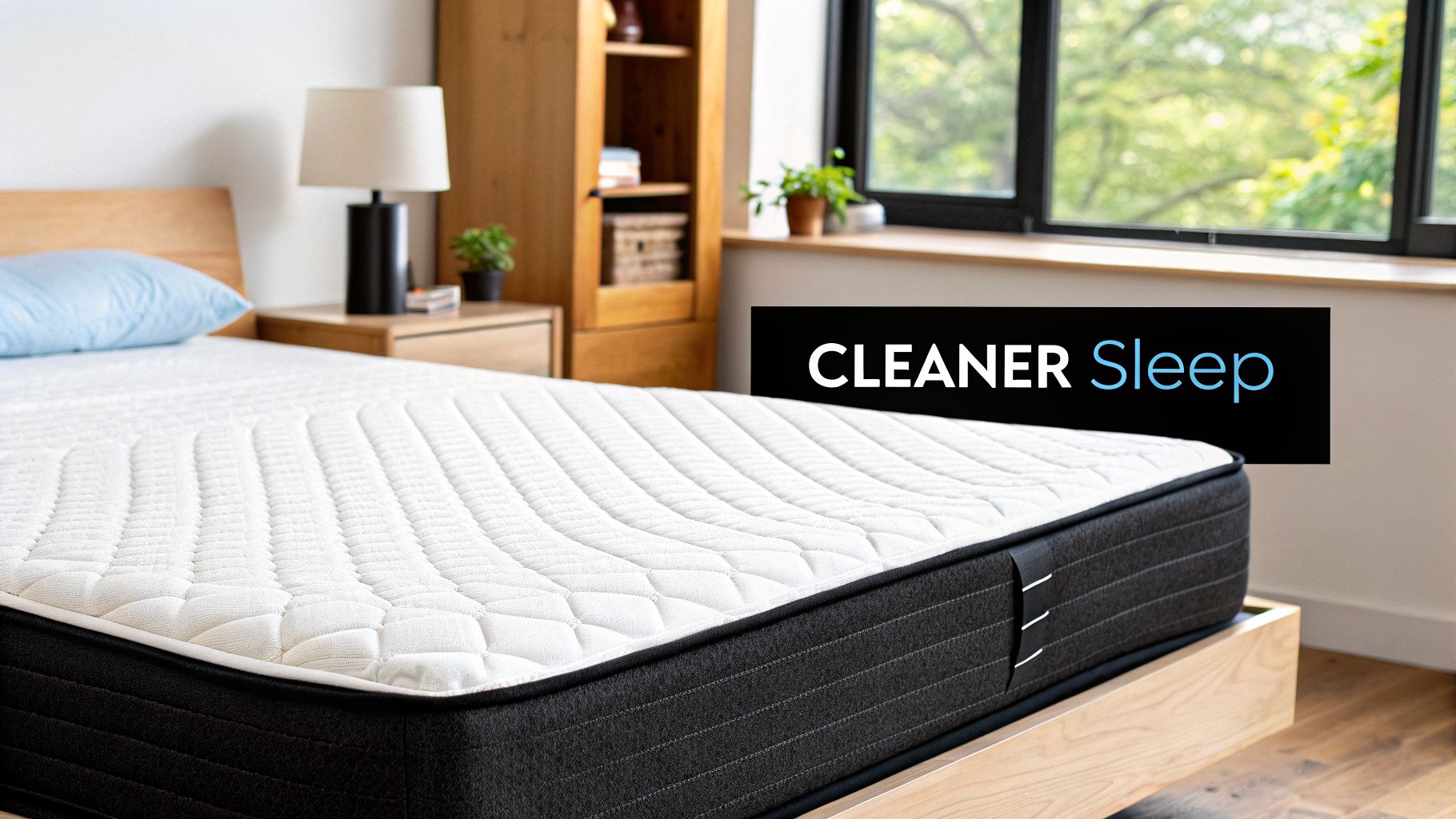 A clean white and black mattress on a light wooden bed frame in a bright bedroom.