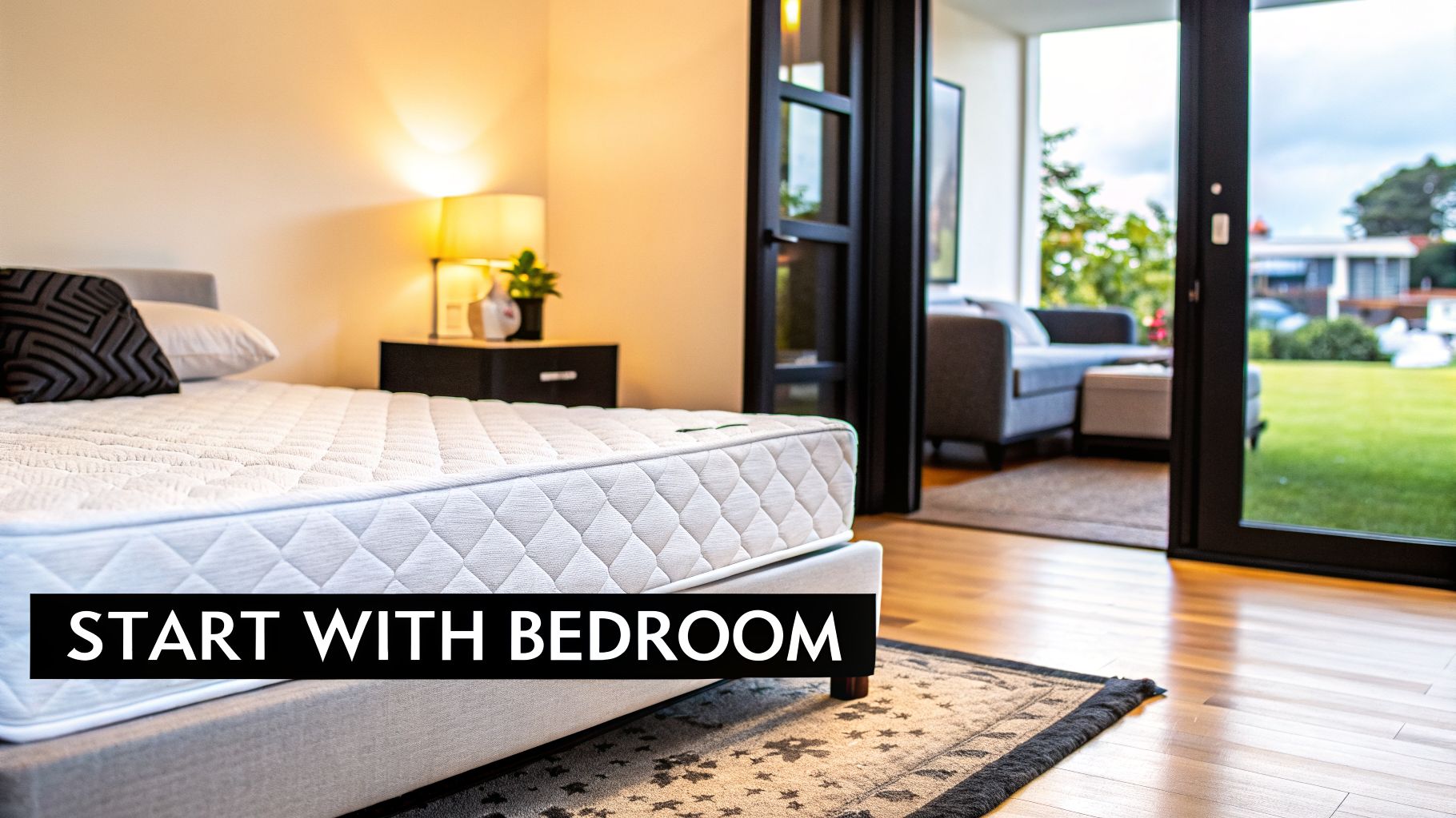 A cozy bedroom with a white mattress, patterned pillow, bedside lamp, and an open door to a living room and green backyard.
