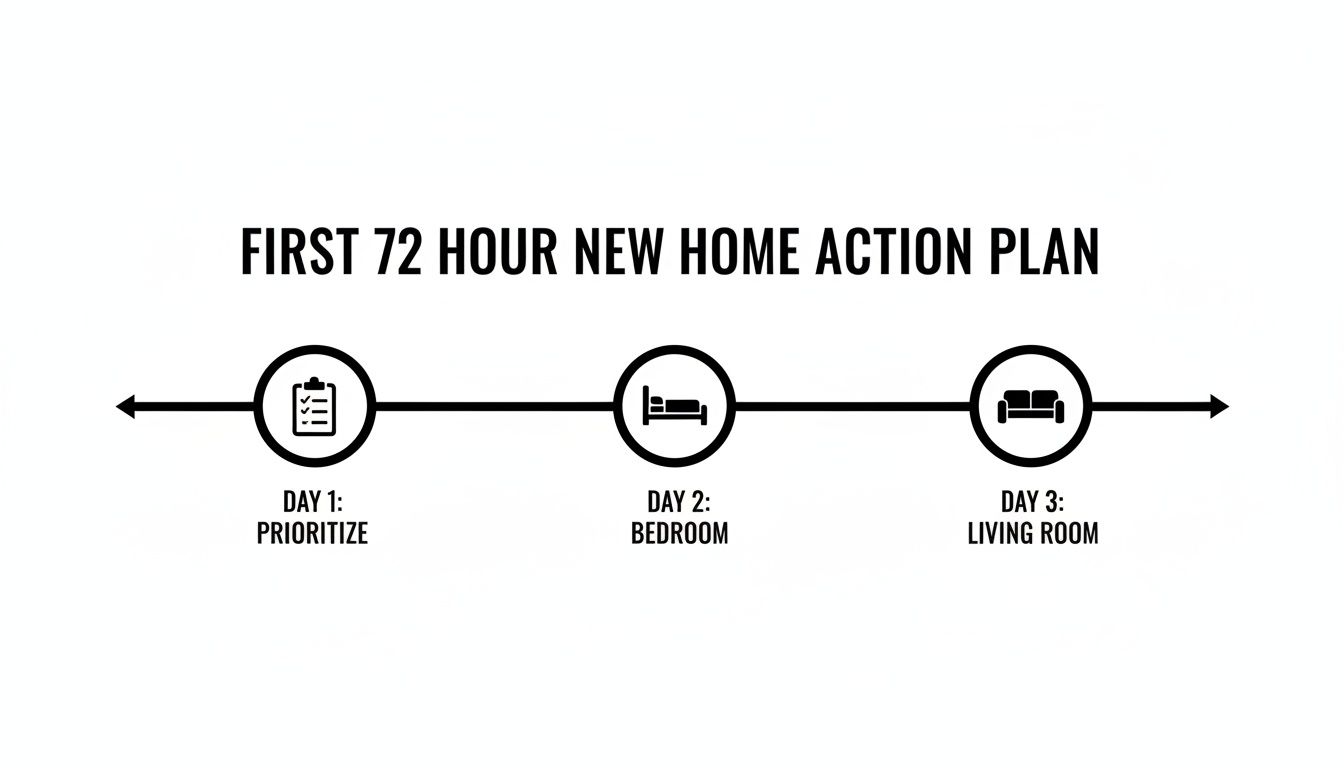 First 72-hour new home action plan timeline with steps for prioritizing, bedroom setup, and living room.