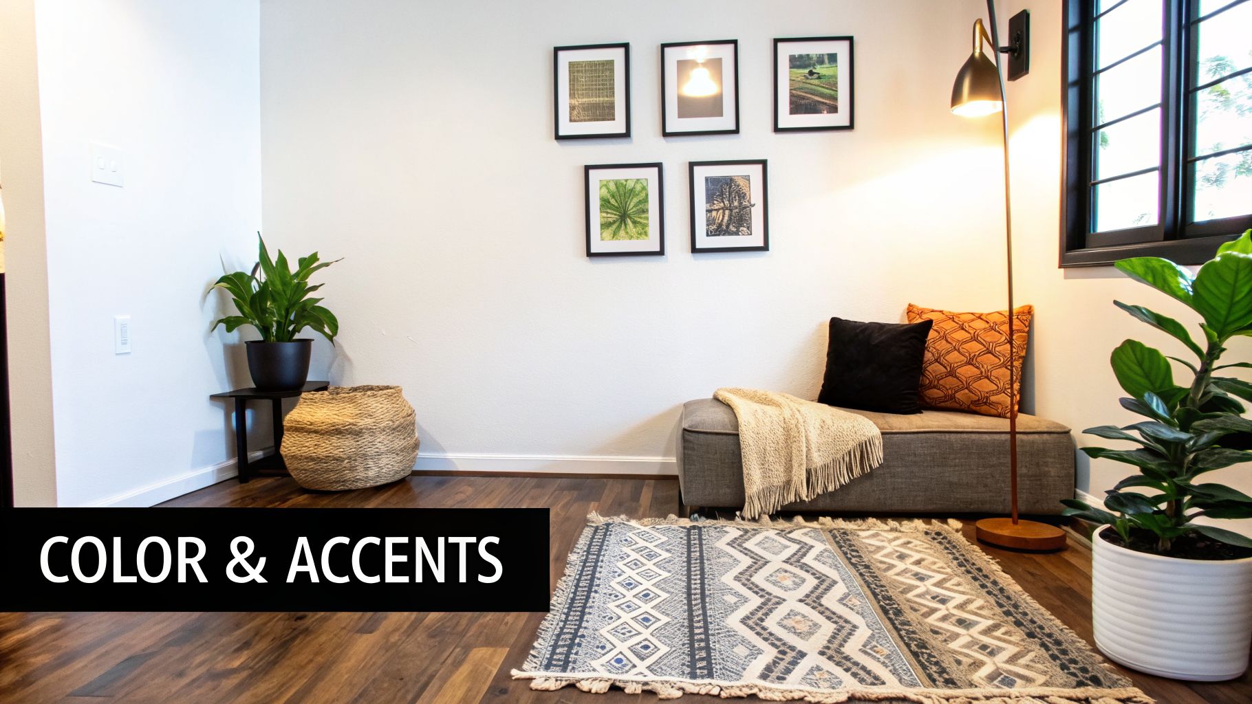 A cozy living space corner with a bench, plants, framed art, and a patterned rug.