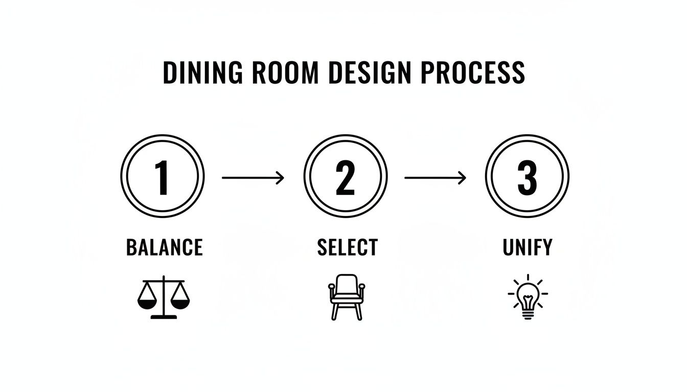 A three-step visual process for dining room design, illustrating Balance, Select, and Unify with icons.