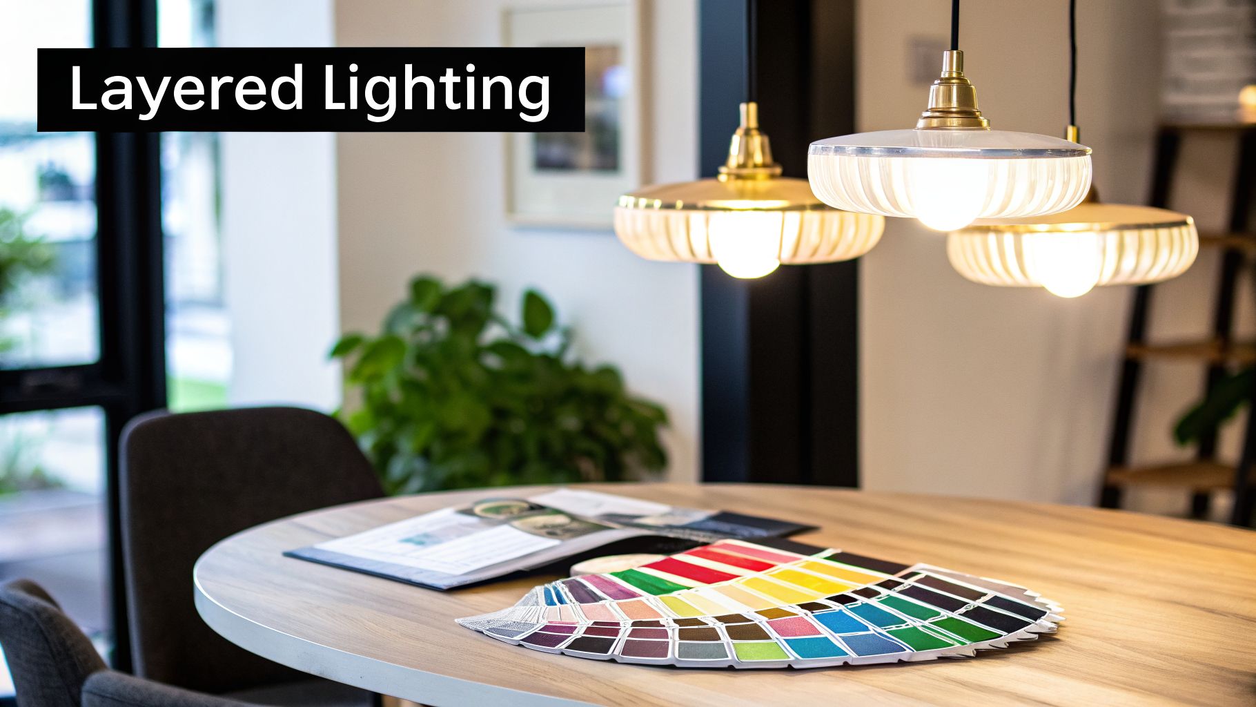 Modern interior with layered lighting, featuring three elegant pendant lamps over a design table.