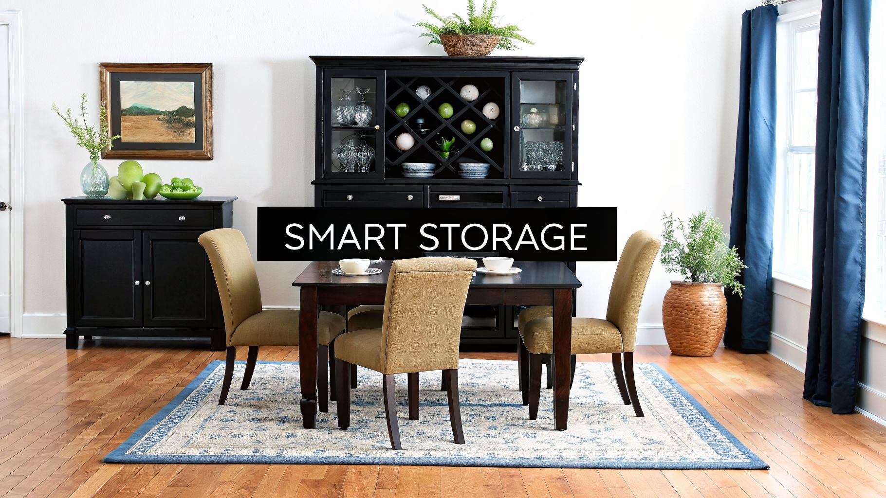 A stylish dining room featuring black furniture, including a china cabinet with wine storage and a buffet.