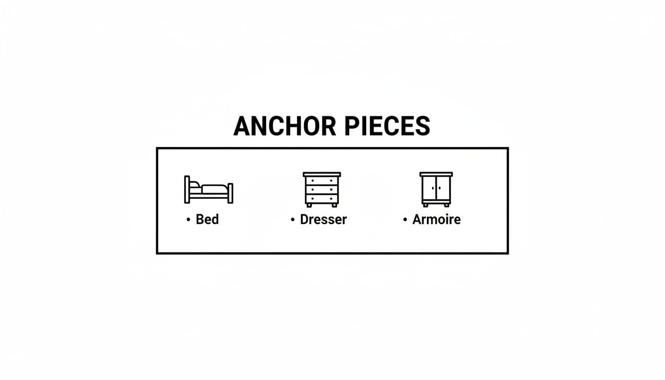 A graphic displaying three essential bedroom furniture items: a bed, a dresser, and an armoire, labeled 'Anchor Pieces'.