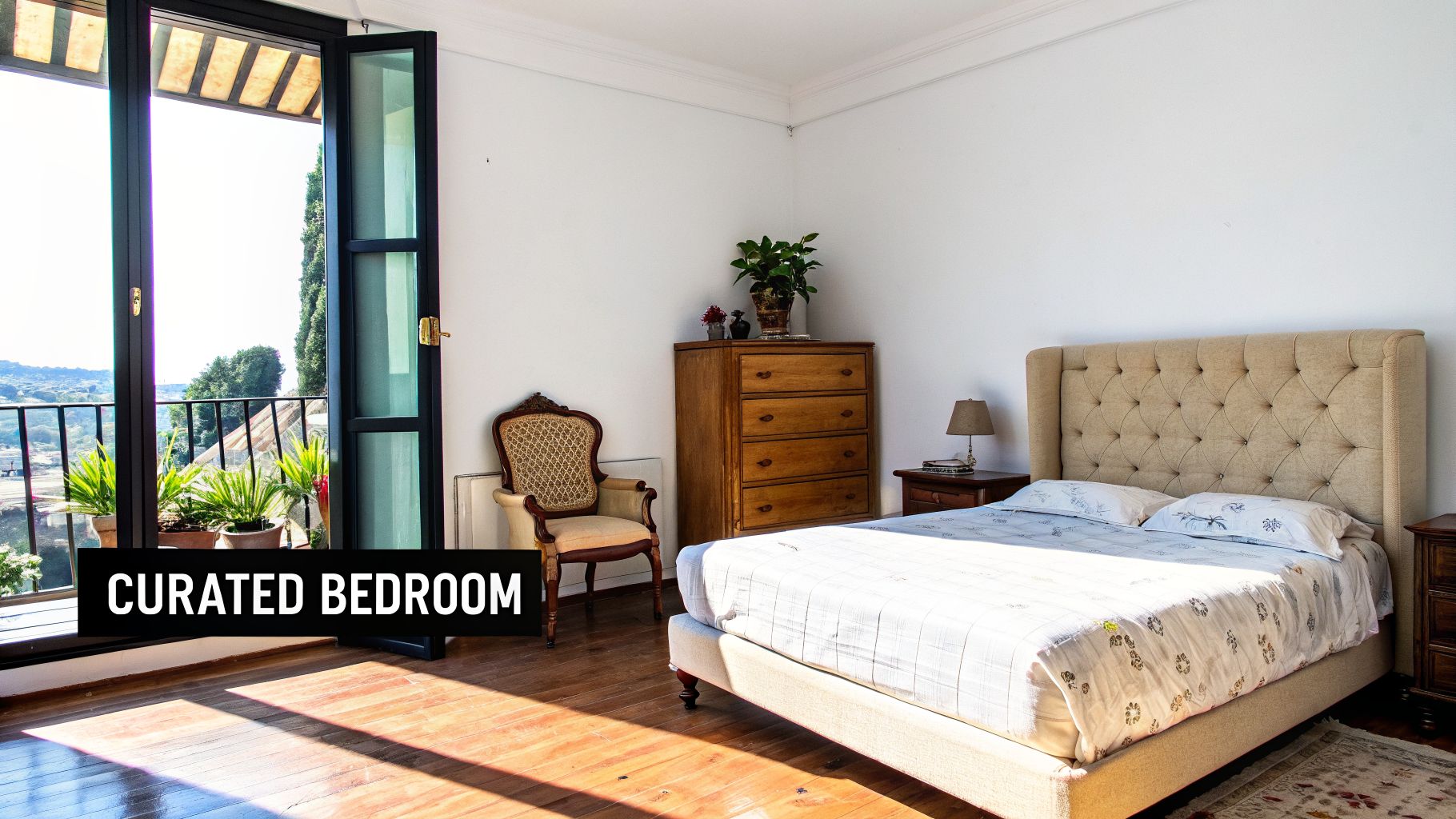 A curated bedroom featuring a comfortable bed, wooden furniture, and a balcony overlooking a scenic view.