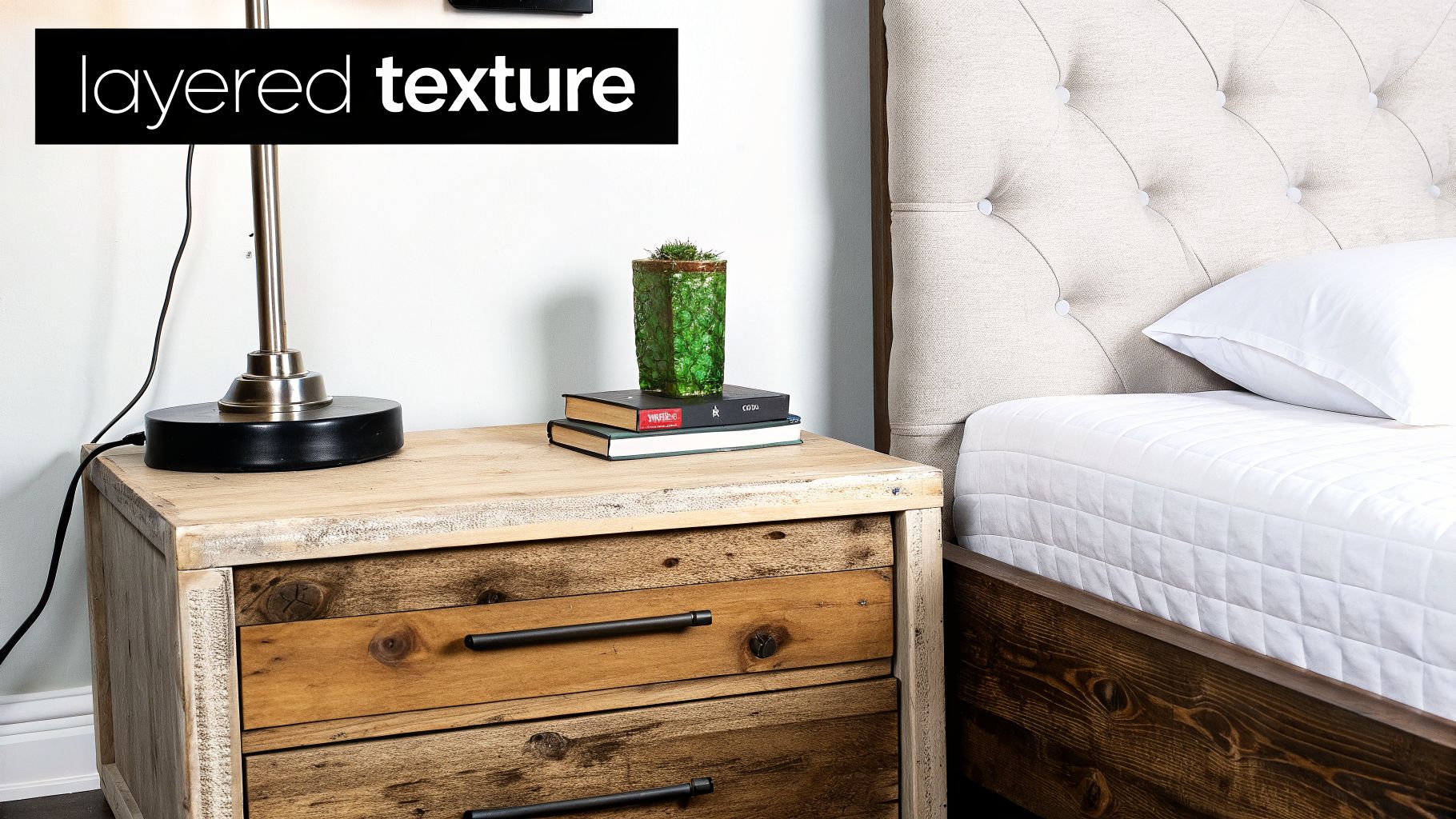 A rustic wooden nightstand with a lamp, books, and a plant next to a bed with a tufted headboard.
