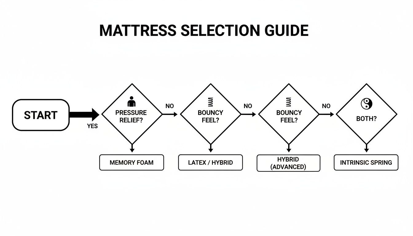 Flowchart guiding mattress selection based on pressure relief, bouncy feel, and preferences.