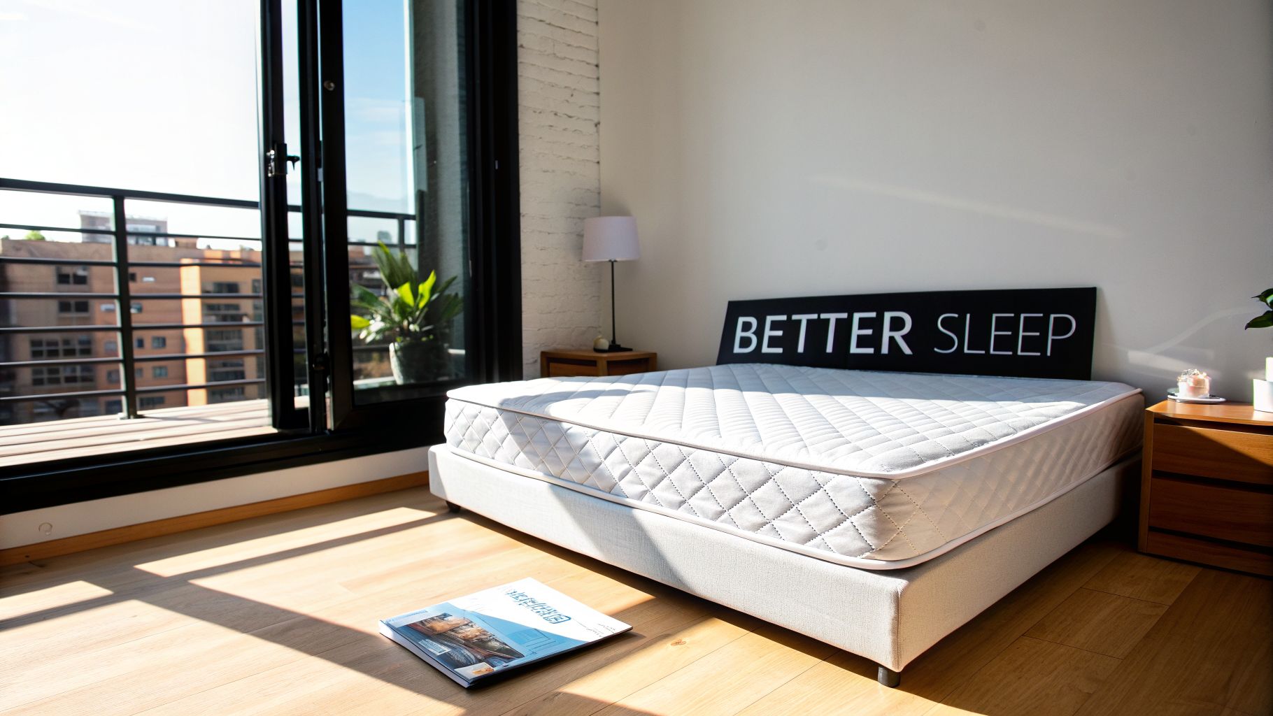 A bright bedroom with a modern bed, a white mattress, and a 'BETTER SLEEP' headboard.