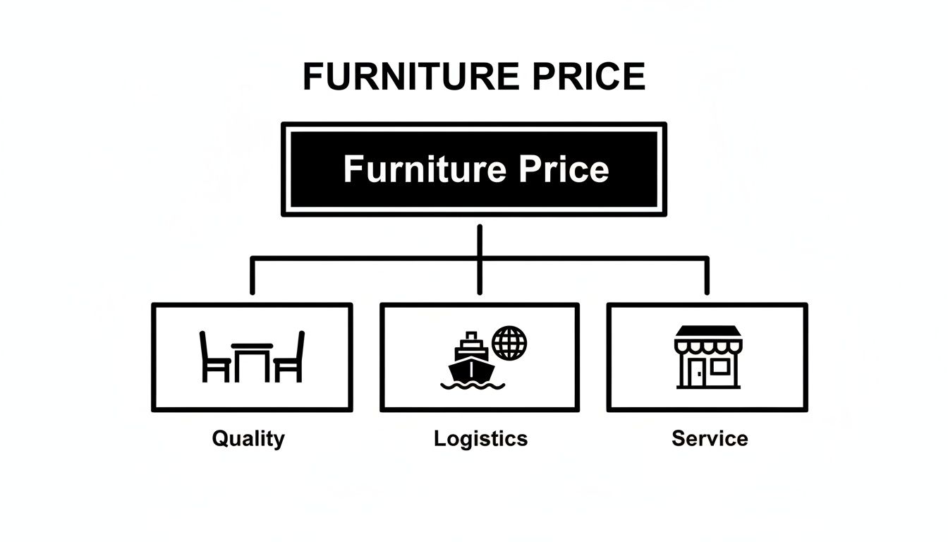 Diagram illustrating furniture pricing factors: quality, logistics, and customer service.