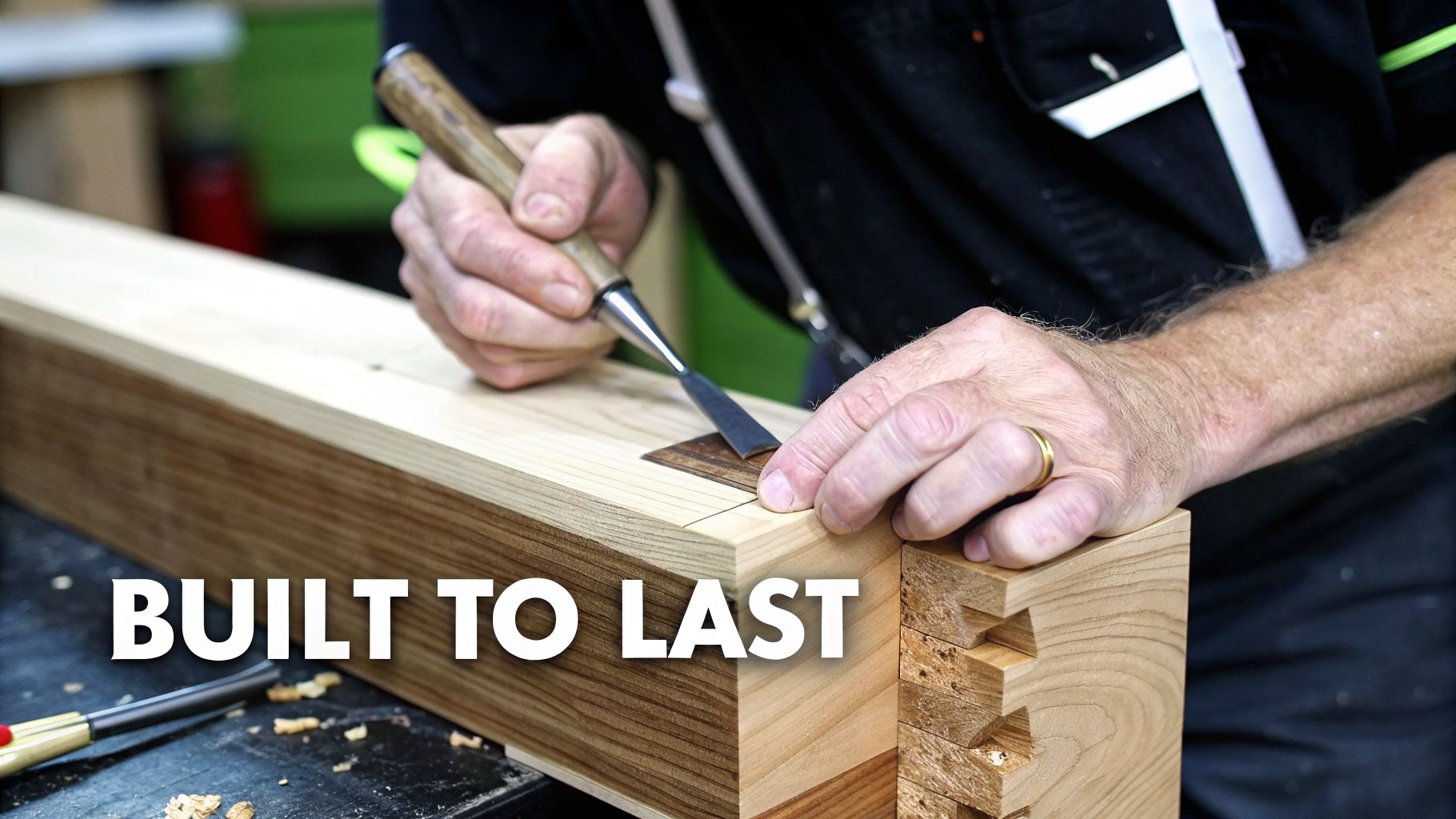 A person meticulously chiseling a complex dovetail joint on a wooden beam, symbolizing durable craftsmanship.