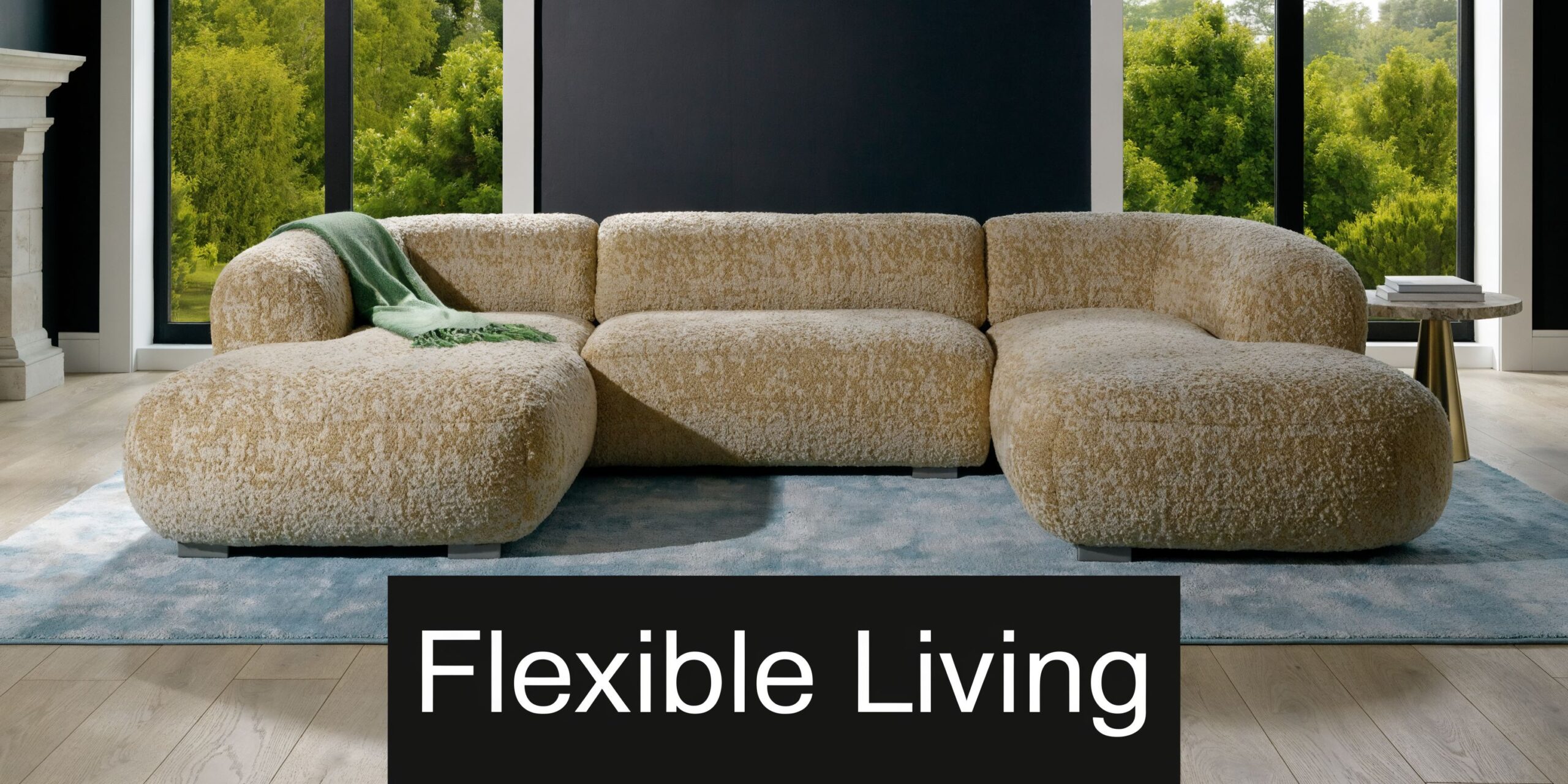 A modern four piece sectional sofa in beige boucle fabric with a green throw blanket on a rug.