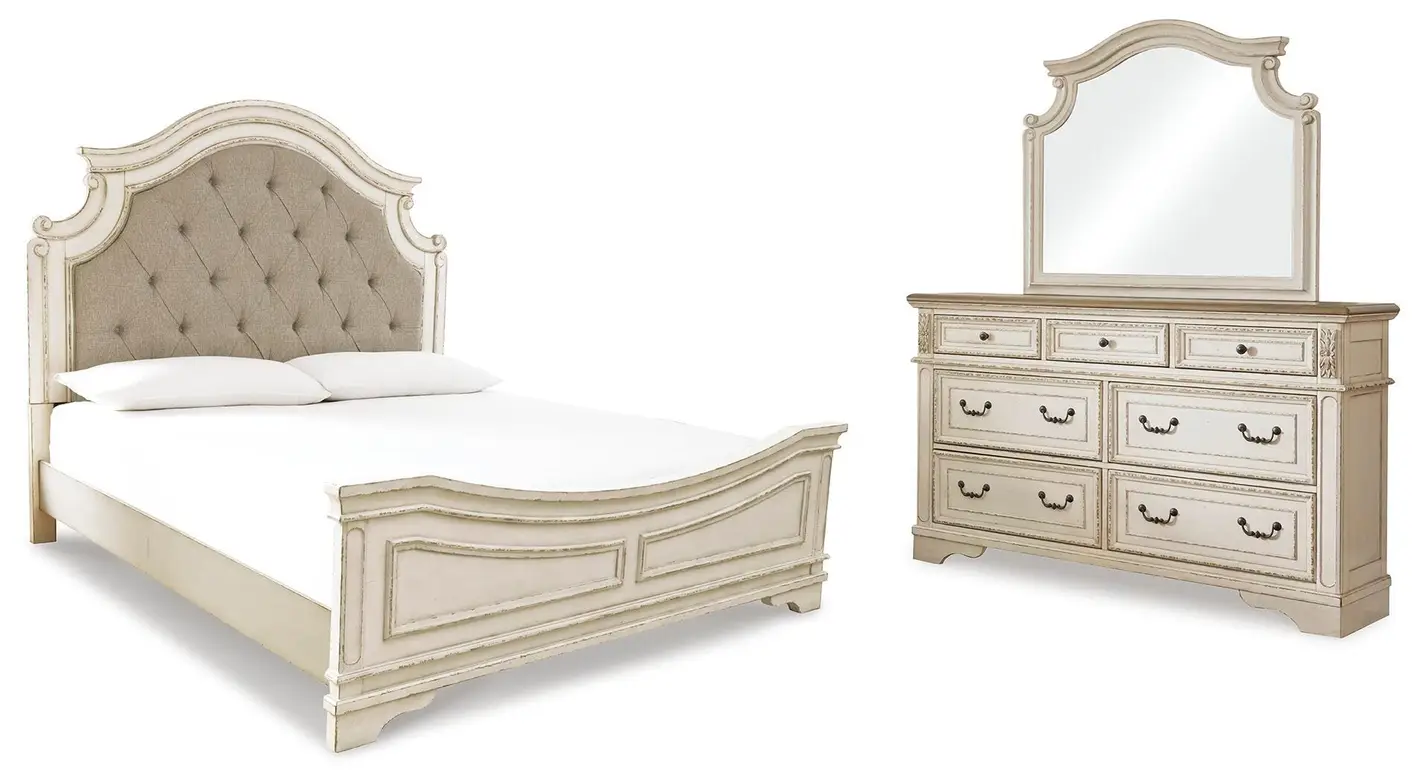 7787e9977f2e3225bc46ae6789ce9b85 Realyn King Upholstered Panel Bed, Dresser and Mirror - Image 1