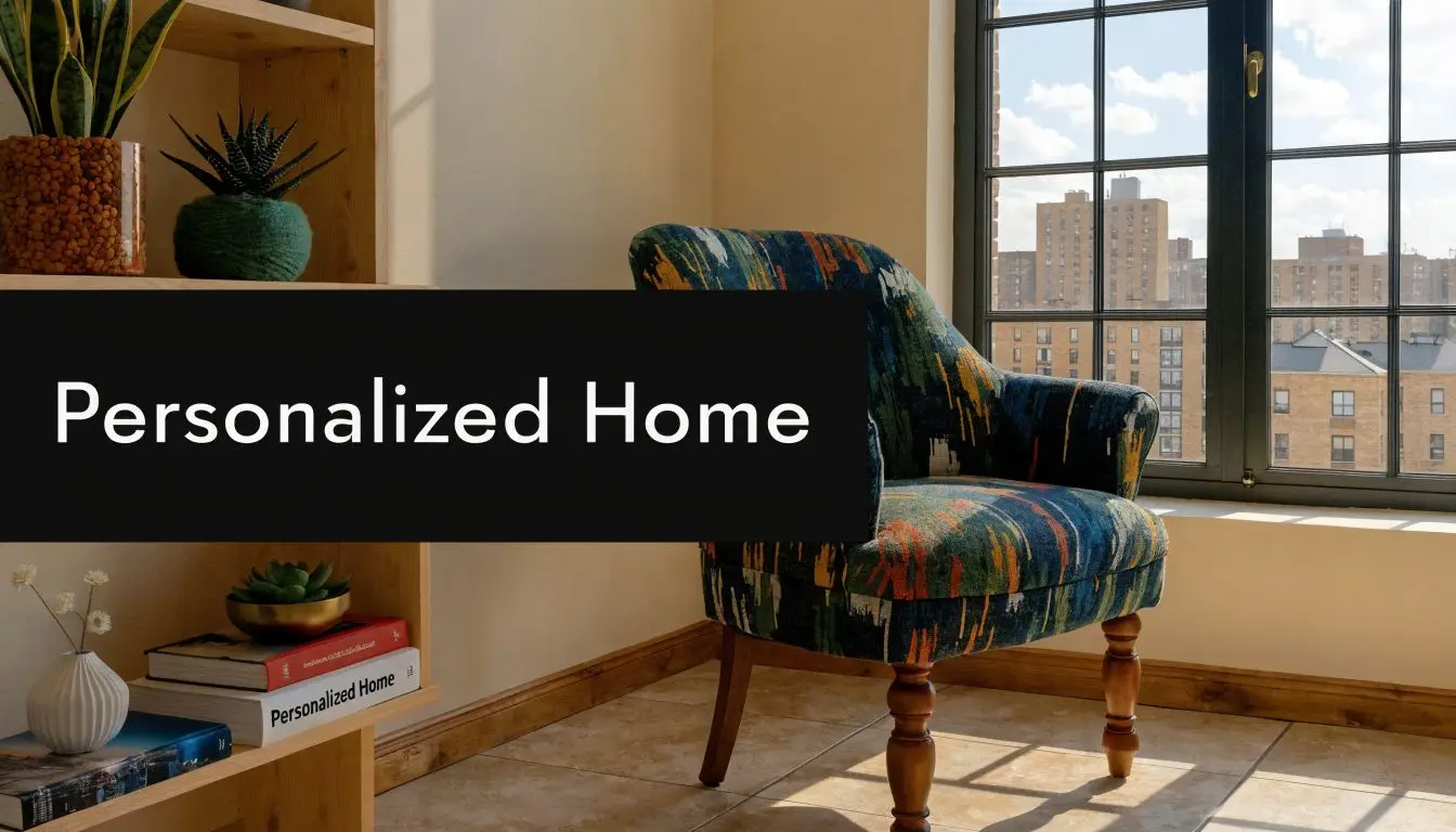 A cozy reading corner featuring a colorful patterned armchair, wooden shelves with plants, and a city view.