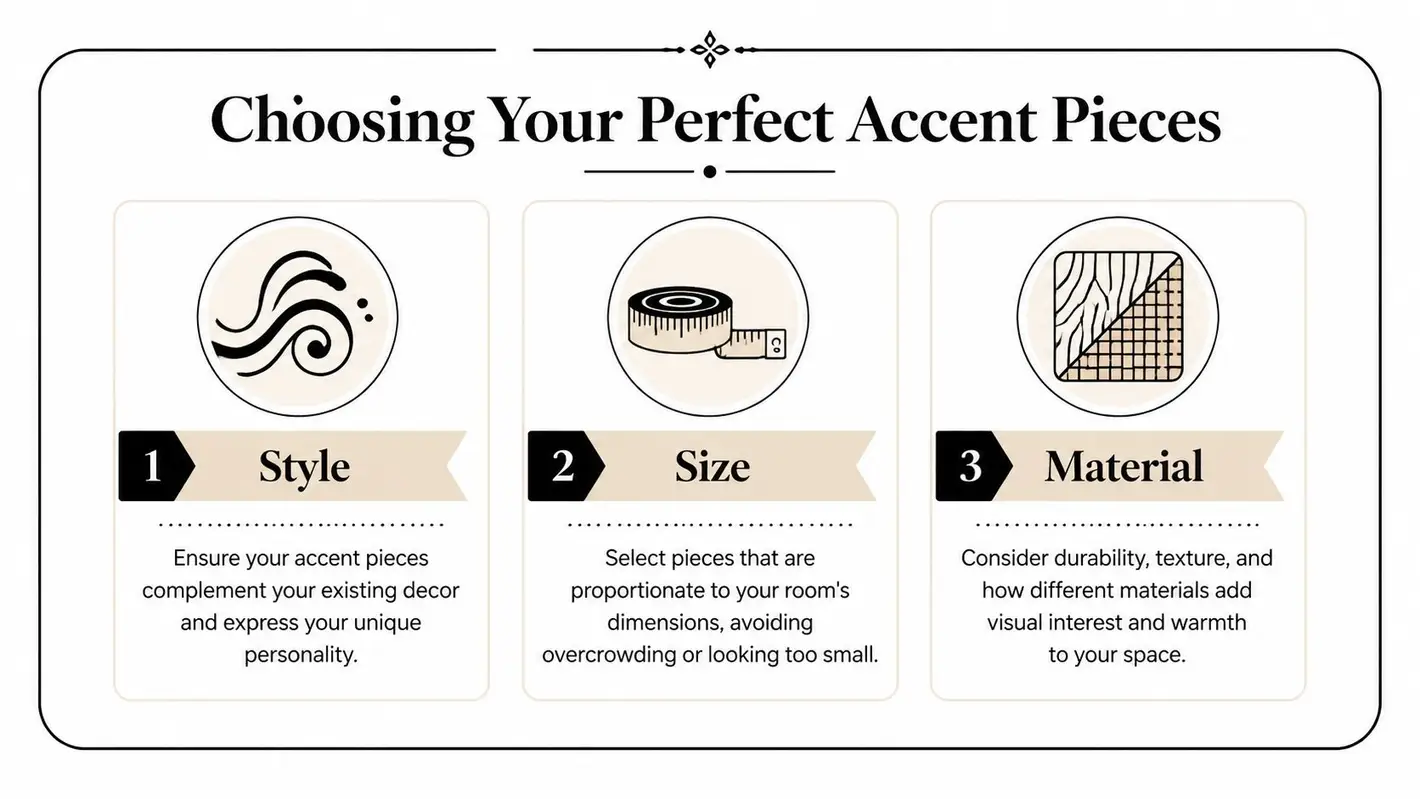 An infographic detailing three essential steps for choosing perfect accent pieces for your home decor.