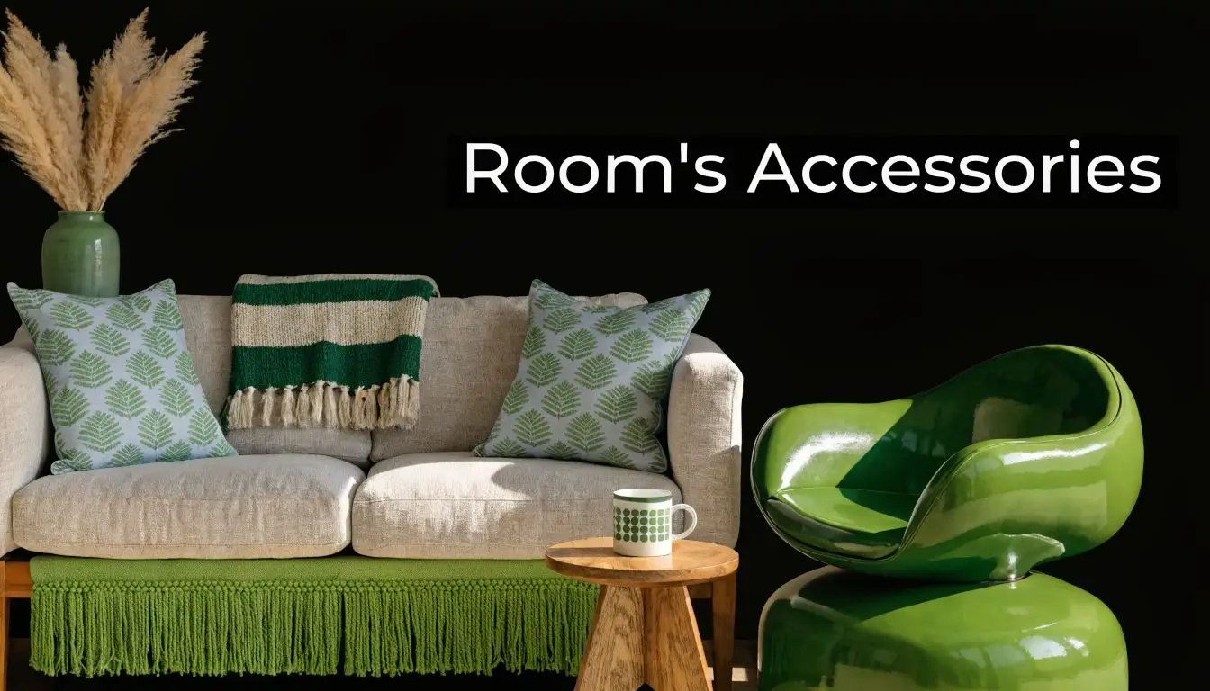 A modern living room setting featuring a neutral sofa with decorative green pillows and a glossy green chair.