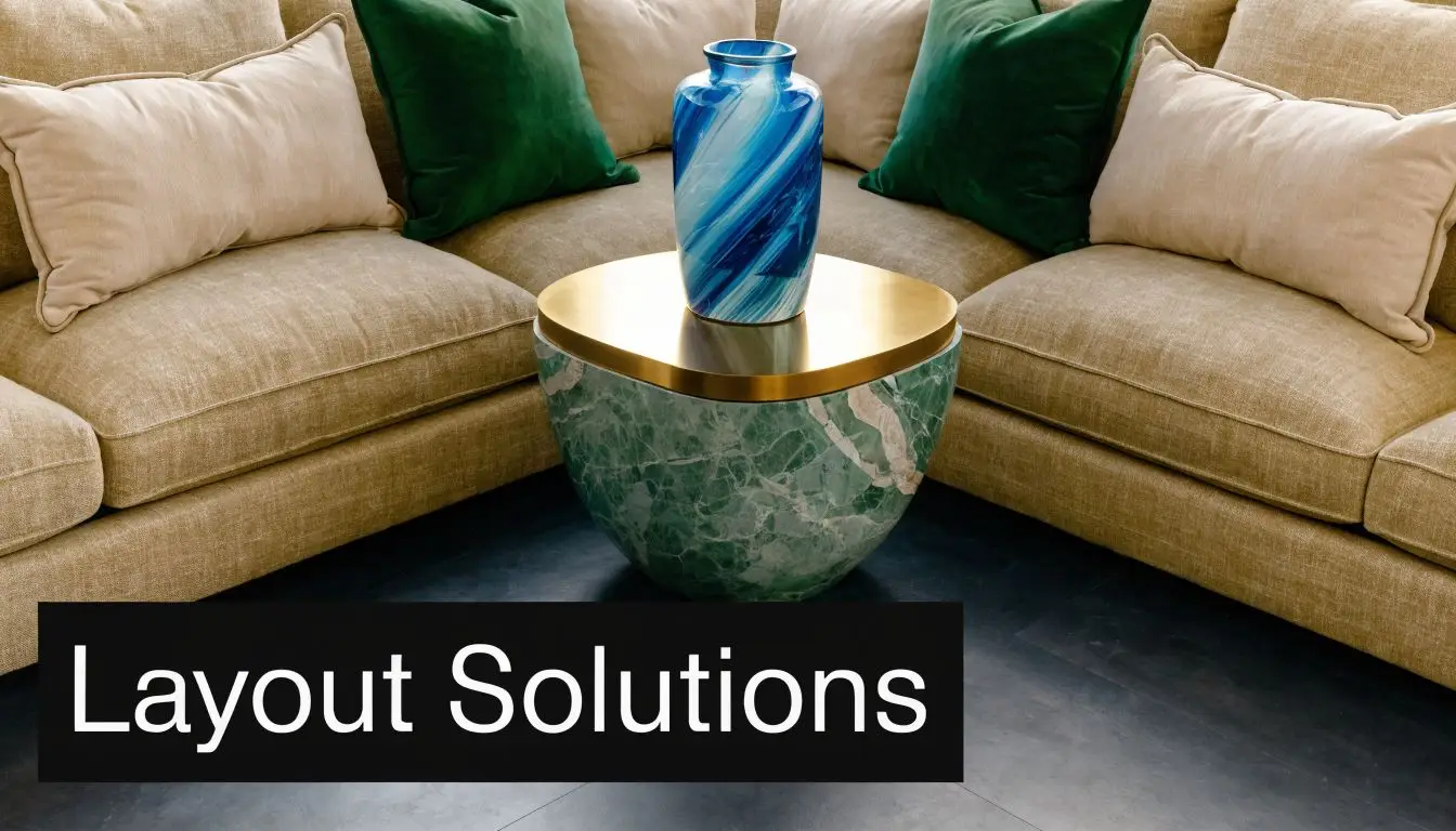A luxurious sectional sofa featuring a stylish marble coffee table with a blue glass decorative vase.