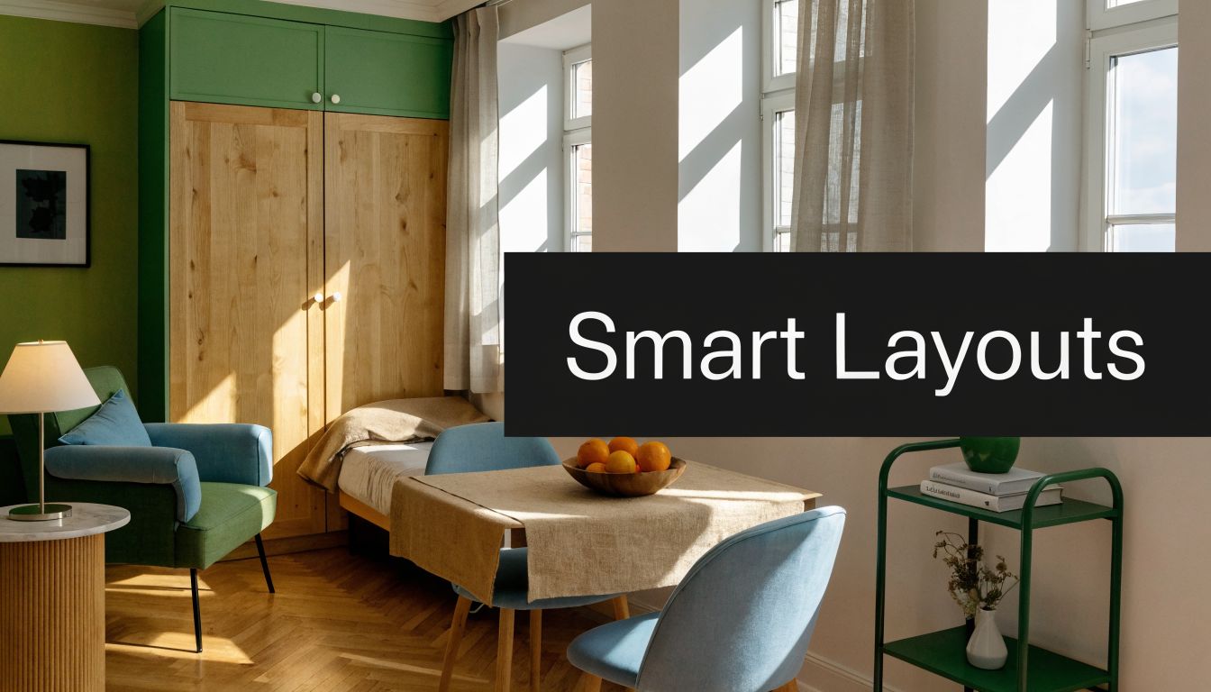 A cozy, sunlit room featuring affordable furniture for small spaces, including a wooden wardrobe, chairs, and a table.