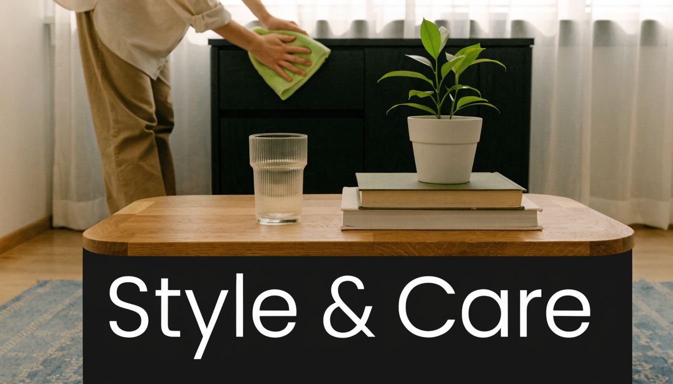 A person wiping a black cabinet while a wooden table with books and a plant sits nearby.