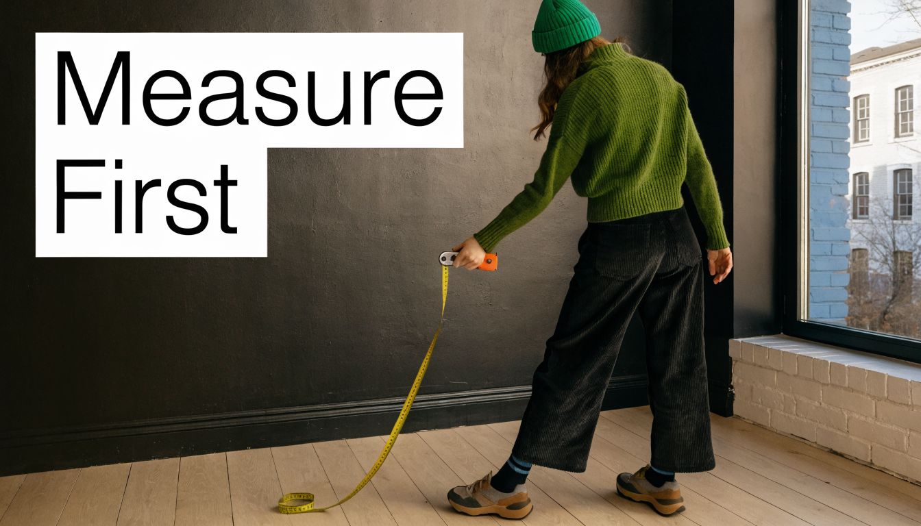 A person in a green sweater holding a yellow measuring tape against a black wall.