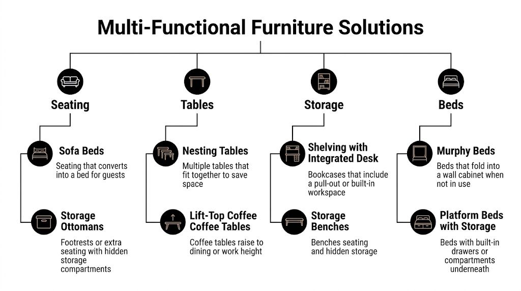 A flowchart infographic displaying examples of multi-functional furniture solutions categorized by seating, tables, storage, and beds.