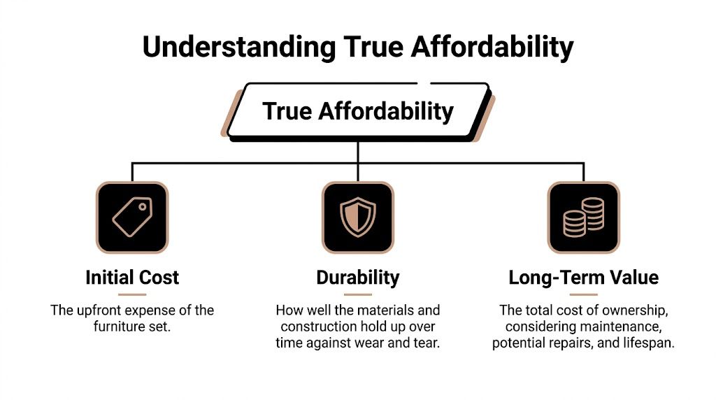 A diagram explaining the three key factors that define true affordability for furniture: initial cost, durability, and value.
