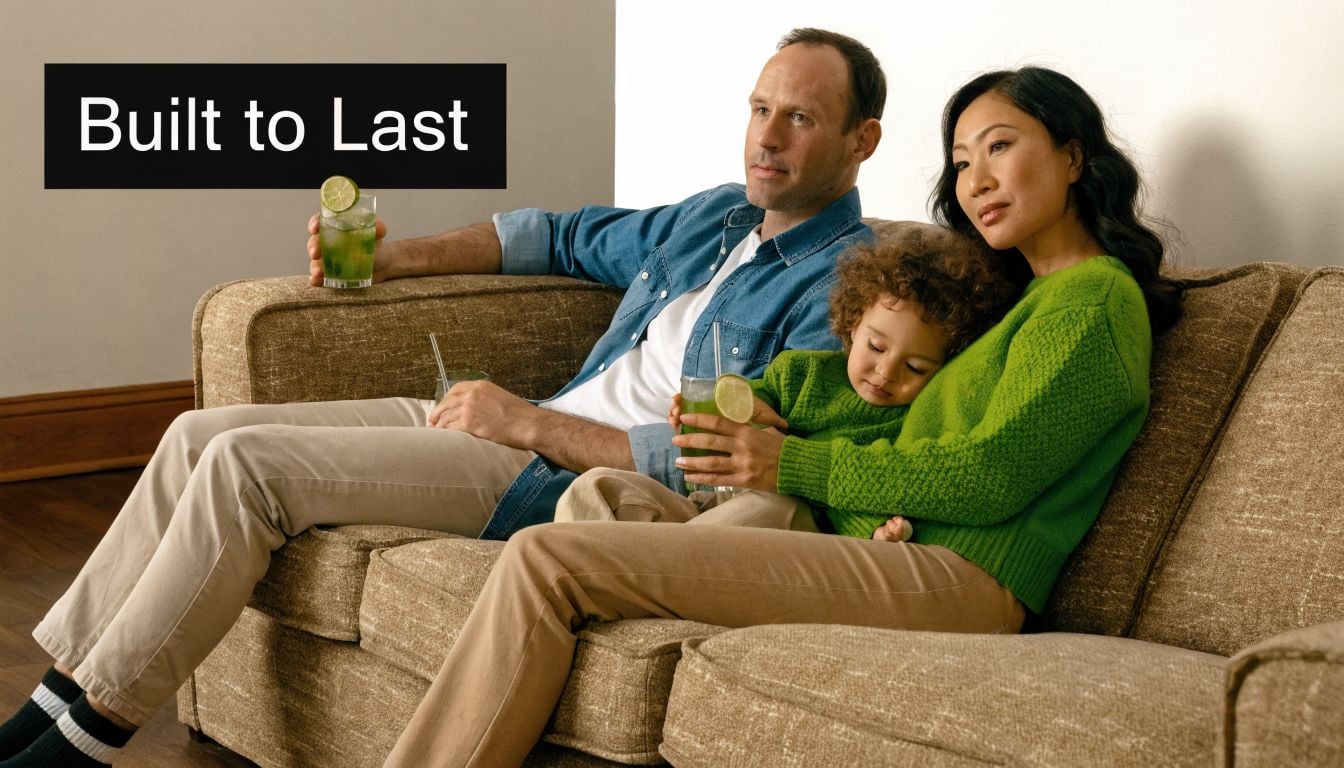 A family of three relaxing together on a durable, comfortable brown fabric sofa in a cozy living room.