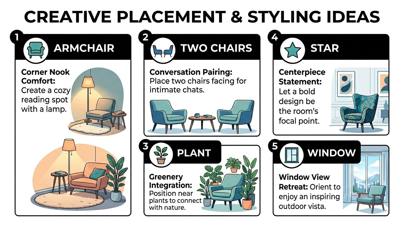 An infographic showing five creative ways to place and style an armchair in a home living space.