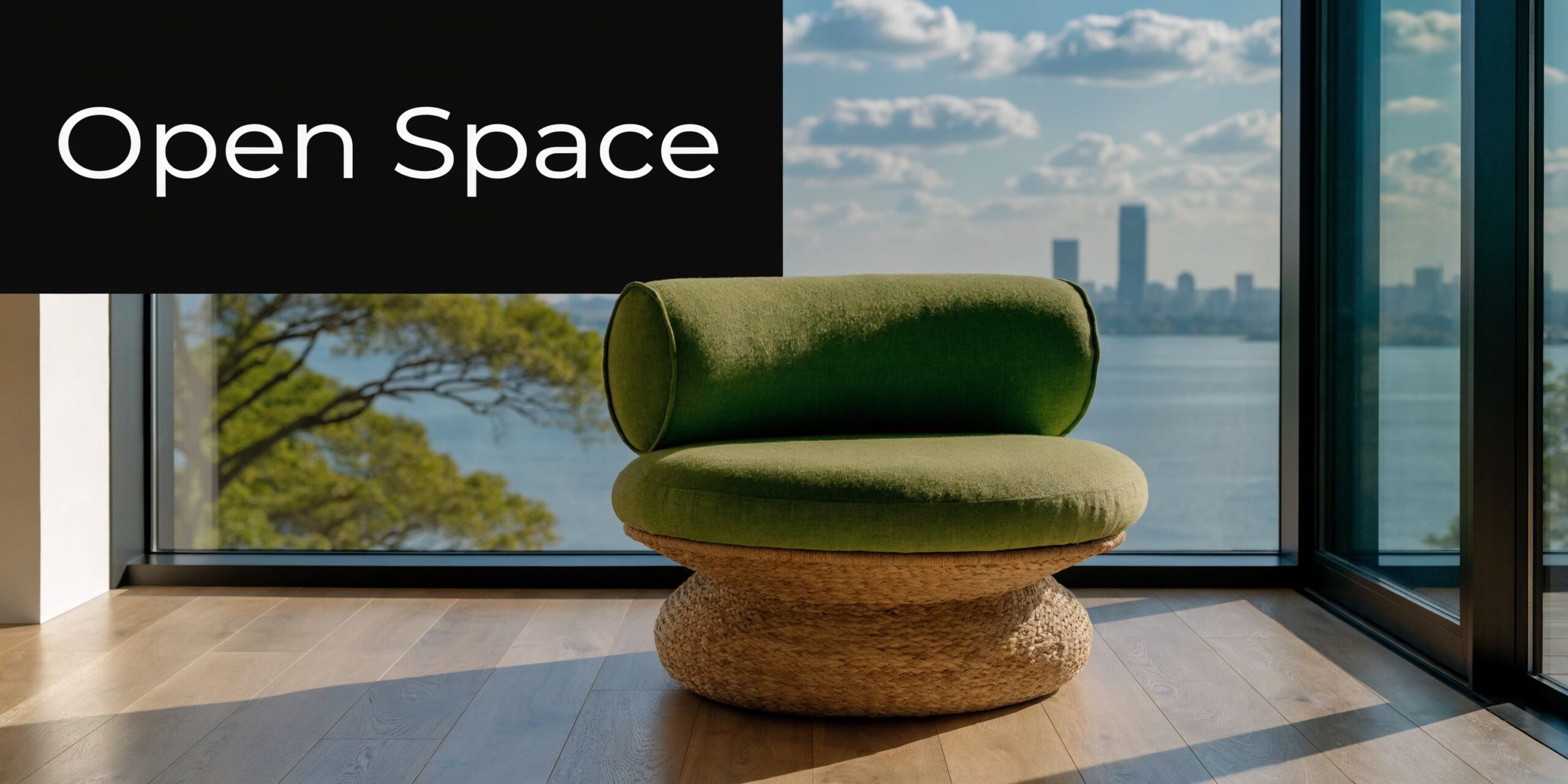 A modern green armless lounge chair with a natural woven base positioned in a sunlit room overlooking a cityscape.