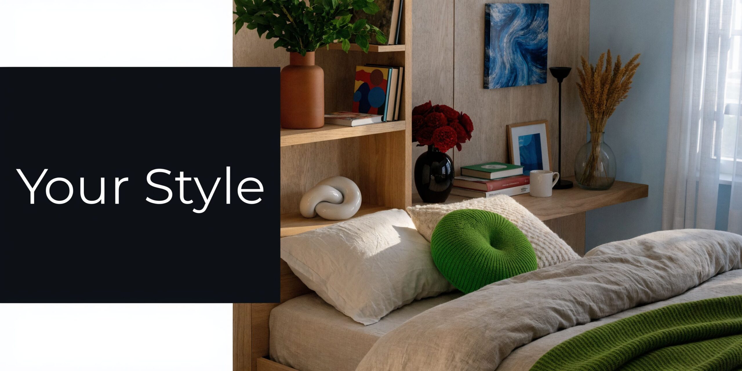 A cozy bedroom with a wooden bed frame, integrated shelves, and vibrant green and earthy decor accents.