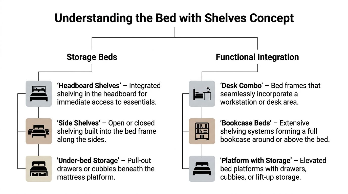 A diagram illustrating the concepts of storage beds and functional integration for beds with built-in shelves.