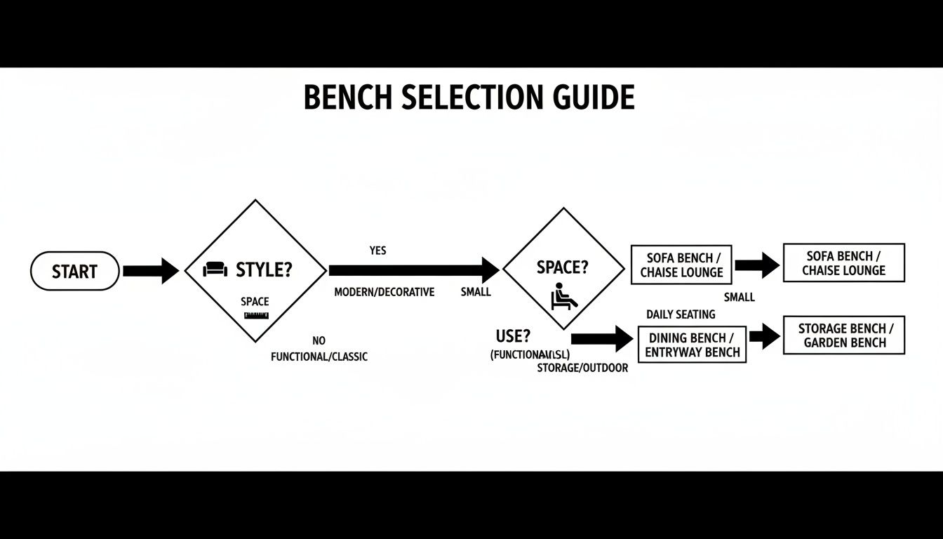 A flowchart titled 'Bench Selection Guide' helps users choose a bench based on style, space, and use.