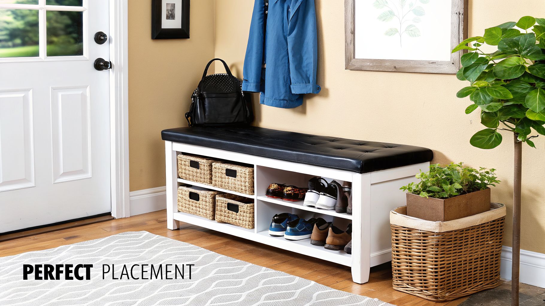 An entryway features a white storage bench with a black cushion, wicker baskets, and shoes.