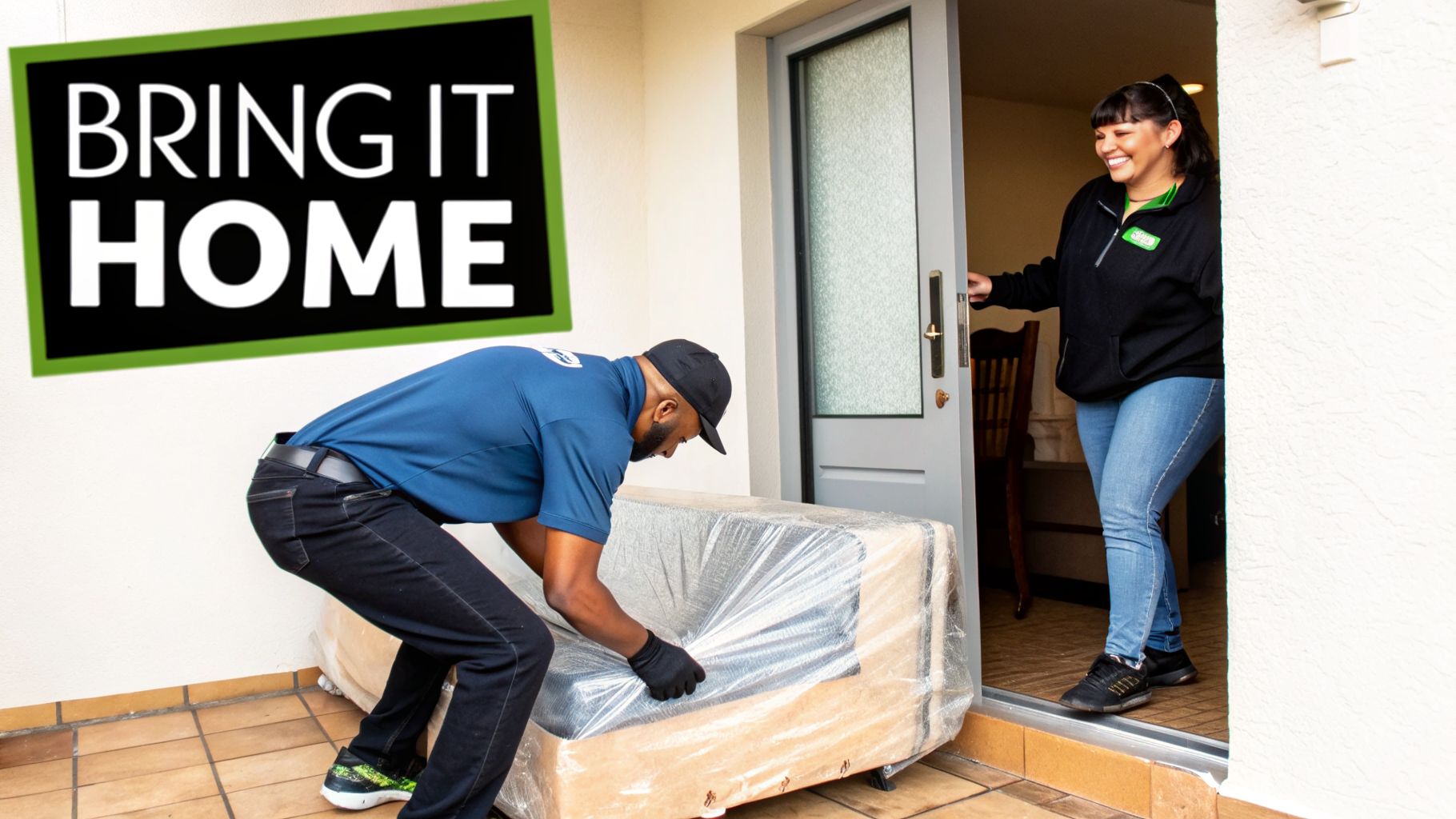 A delivery man brings a wrapped sofa to a smiling woman at her home's front door.