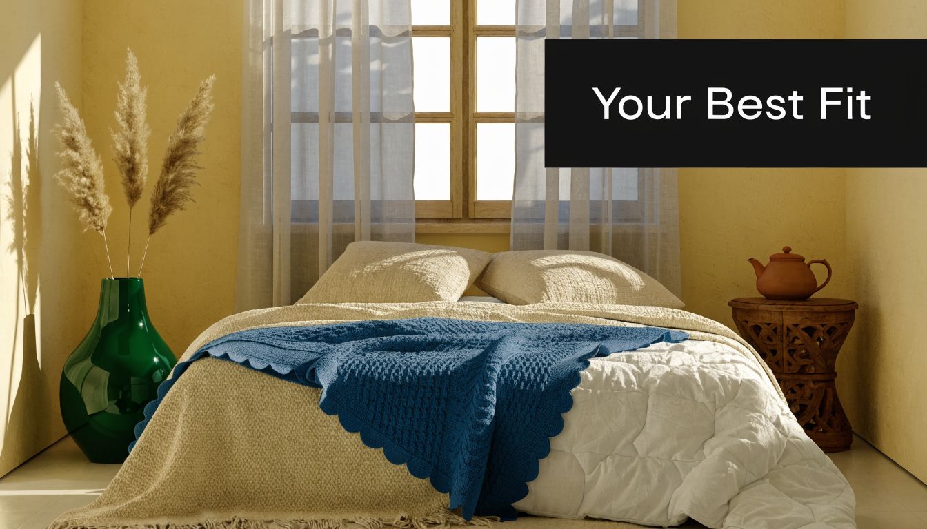 A cozy bedroom with a bed featuring a blue throw blanket, a green vase, and rustic furniture.