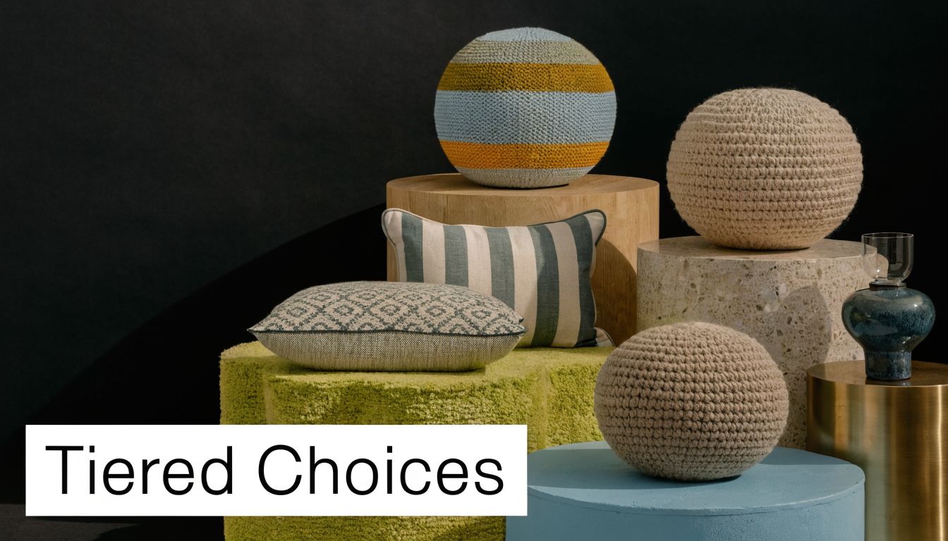 A collection of decorative pillows and knitted spheres displayed on various pedestals against a black background.
