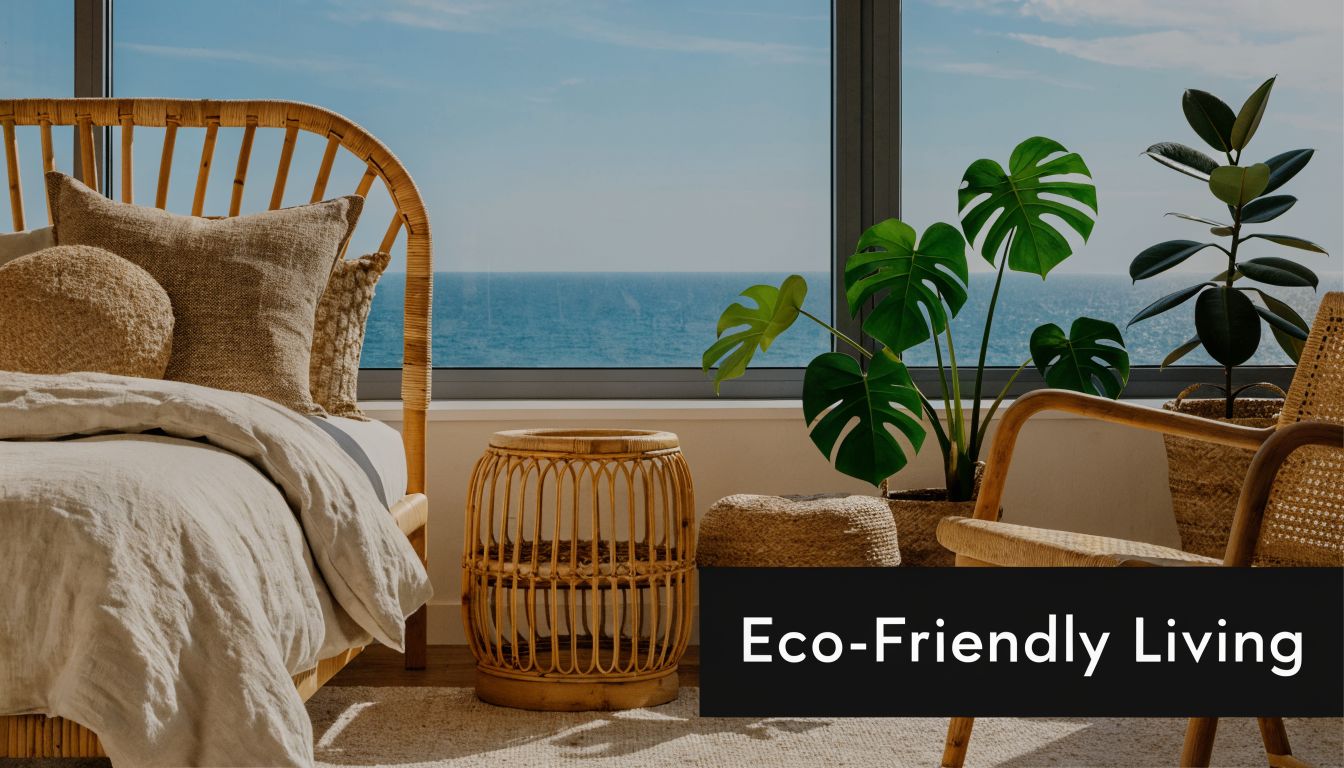 A modern eco-friendly bedroom interior featuring natural rattan furniture, lush green plants, and a scenic ocean view.