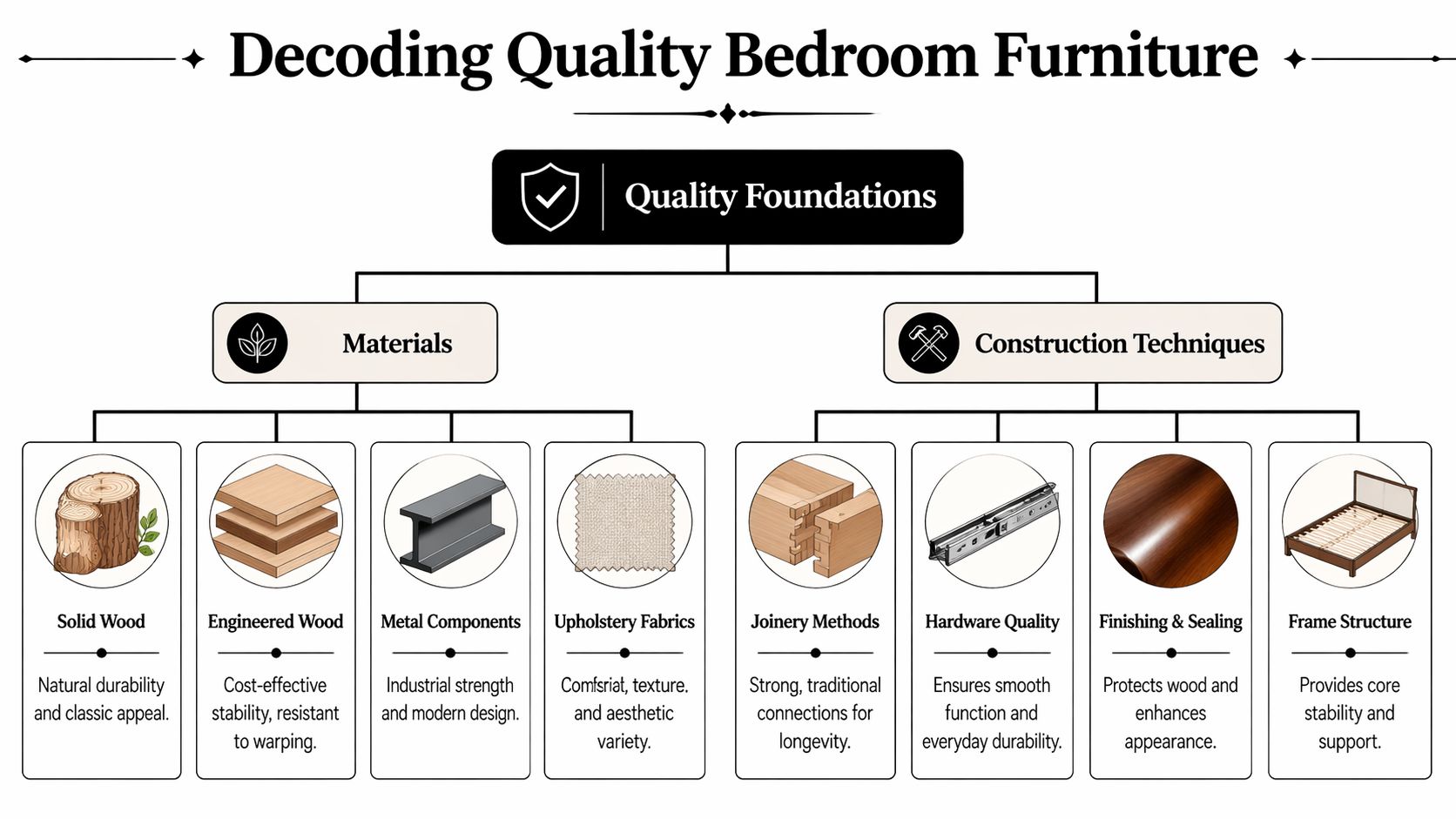 An infographic titled Decoding Quality Bedroom Furniture outlining materials and construction techniques for high-quality furniture pieces.