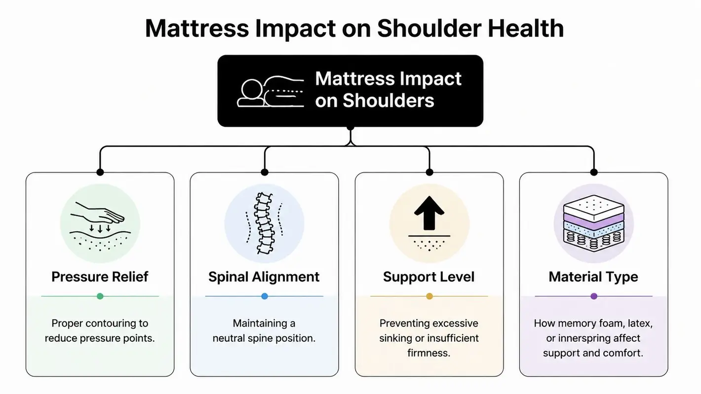 An infographic showing how pressure relief, spinal alignment, support, and materials impact shoulder health while sleeping.