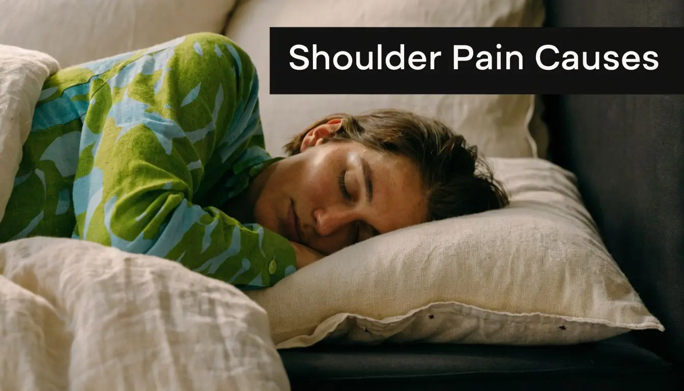 A person sleeping on their side on a comfortable pillow, highlighting causes of shoulder pain.