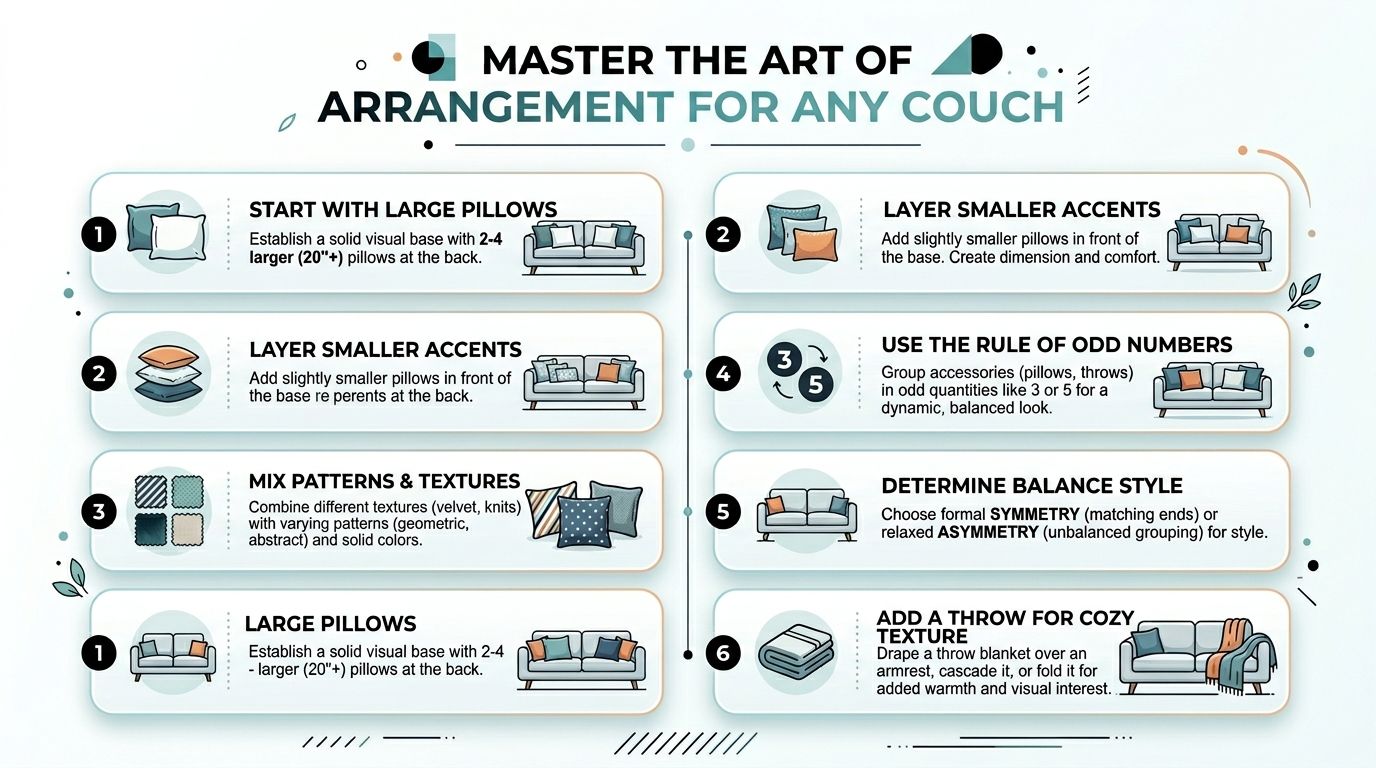 An infographic titled Master the Art of Arrangement for Any Couch showing steps to decorate with pillows and throws.